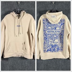 Sixth June Paris Mens Large Cream Graphic Hoodie Blue Back Print Streetwear L